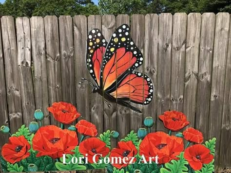 Mural Fence, Outdoor Mural Ideas, Fence Murals, Painted Fences, Butterfly Mural, Painted Fence, Pintu Interior, Fence Painting, Garden Fence Art