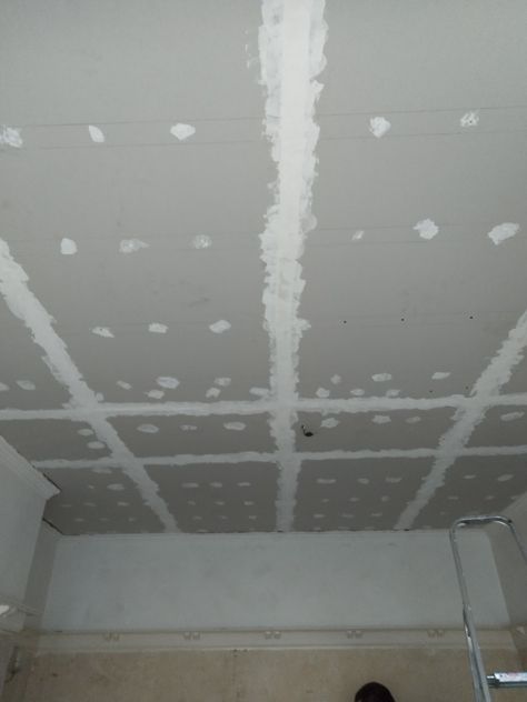 Front room ceiling - plasterboard joints filled with filler & jointing tape with another layer of filler on top. Ready for plaster skimming finish. Plasterboard Ceiling, Room Ceiling, Front Room, Ceiling, Quick Saves