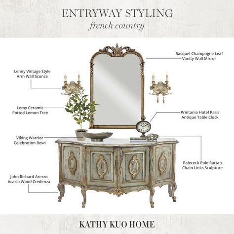 Entryway or Foyer Styling Ideas perfect for your home space by Kathy Kuo Home Foyer Ideas Entryway French Country, French Inspired Entryway, Parisian Entryway Table, French Country Console Table Entryway, French Vintage Entryway, French Provincial Entryway, French Entry Table Wood, French Entryway, Rustic Eclectic Decor