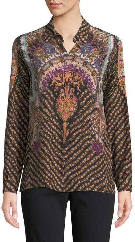 Etro Long-Sleeve Allover Paisley-Print Silk Blouse Kashmiri Embroidery, Blouse Collar, Printed Silk Blouses, Luxury Printing, Indian Prints, Satin Top, Last Call, Clearance Sale, Silk Blouse