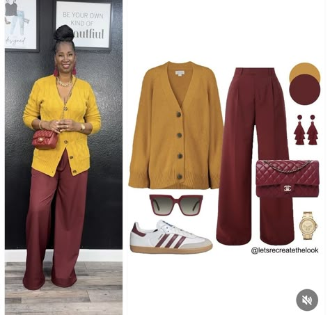 Fun Spring Outfits, Mustard Pants Outfit, Burgundy Pants Outfit, Black Girls Fashion, Wine Pants, Pant Outfits For Women, Pants Outfit Work, Burgundy Trousers, Mustard Pants