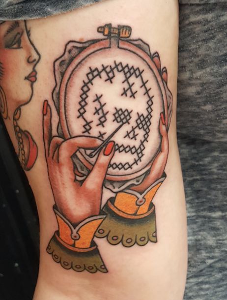 New cross stitch tattoo. Done by Dustin Barnhart at Berlin Tattoo in Kitchener ON. Cross Stitch Tattoo Ideas, Cross Stitch Tattoos, Traditional Feminist Tattoo, Tape Measure Tattoo, Tattoo Cross Stitch Pattern, Classic Literature Tattoos, Crafting Tattoo, Quilt Tattoos, Craft Tattoo Ideas