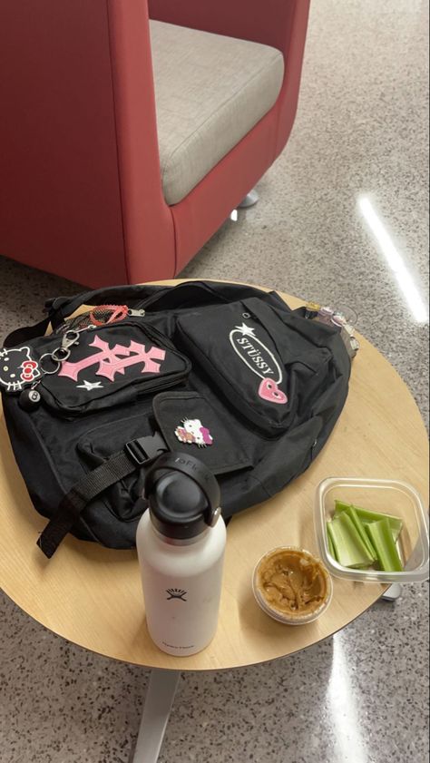 #hellokittycollection #school #pink #stussy #backpack #college #snack #sanrio Stussy Backpack, Backpack College, My School, School Backpack, School Life, I School, School Bag, College Outfits, School Backpacks