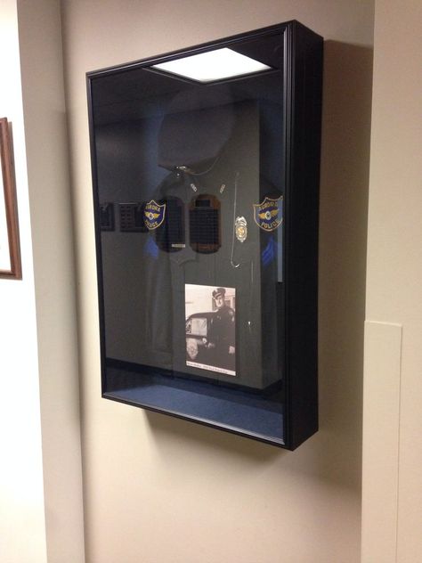 Uniform Shadow Box Ideas, Police Crafts, Police Tattoo, Police Retirement Party, Police Appreciation, Shadow Box Ideas, Police Party, Shadow Box Display Case, Police Uniform