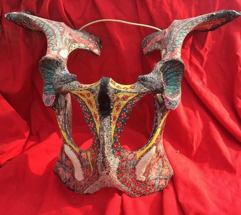 Unique Folk Art Cow Pelvic Bone Hand Painted Mask - Wall Hanging - Signed | #2101922824 Ranch Art, Animal Skull Decor, Painted Cow Skulls, Cow Skull Decor, Painted Mask, Oddities Decor, Cow Skull Art, Bone Hand, Cow Skulls