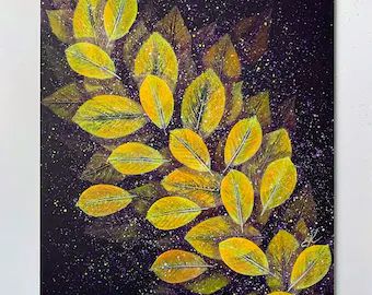 Vinillna - Etsy Finland Starry Lights, Yellow Leaves, Abstract Painting, Acrylic Painting, Yellow, Purple, Black, Art