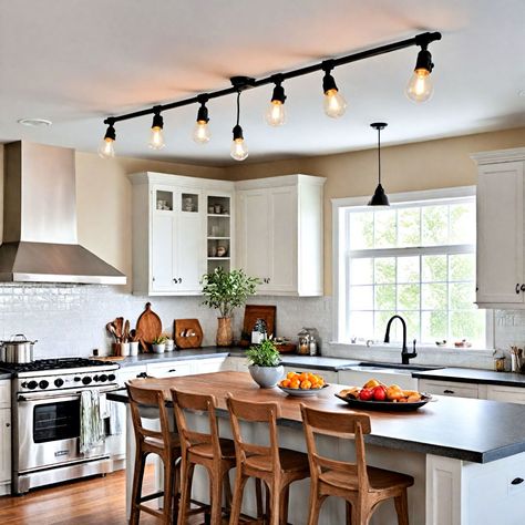 15 Kitchen Track Lighting Ideas That Aren't Boring Track Lighting Kitchen Ideas, Replacing Track Lighting Ideas, Track Lighting In Kitchen, Kitchen Track Lighting Ideas, Track Lighting Ideas, Kitchen Track Lighting, Track Lighting Living Room, Rustic Track Lighting, Kitchen Light Fixtures