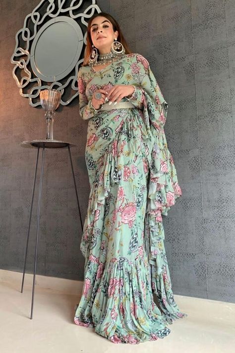 Buy SutrabySweta Green Chiffon Printed Ruffle Saree Set Online | Aza Fashions Full Sleeve Crop Top, Lehenga Style Saree, Saree With Belt, Ruffle Saree, Of Sarees, Lehenga Style, Green Floral Print, Indian Clothes, Stunning Outfits