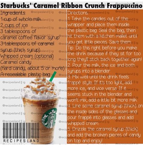 Homemade Caramel Ribbon Crunch Frappe, Caramel Ribbon Crunch Frappuccino Recipe, Caramel Ribbon Crunch, Pumpkin Frappuccino, Pumpkin Spice Frappuccino, Homemade Starbucks, Diy Starbucks, Frappe Recipe, Mocha Frappuccino