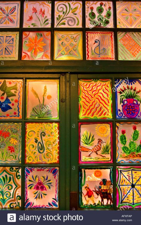 Hand Painted Pane Glass doors windows Stock Photo Window Art Painting, Painted Window Panes, Painted Window Art, Painting On Glass Windows, معرض فني, زجاج ملون, Glass Painting Designs, Glass Window Art, Old Doors