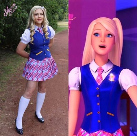 All Barbie Outfits, Barbie Charm School Outfits, Barbie Back To School, Mean Girls Cosplay, Barbie School Outfit, School Character Day Ideas, Princess Charm School Costume, Barbie Princess Charm School Costume, Blair Barbie Princess Charm School