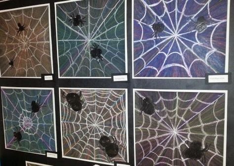 To begin their spider web art project, 5th grade students had to first draw two spiders onto black construction paper using glue.  After th... Spider Web Resist Painting, Grade 4 Halloween Art, Charlottes Web Art Project, Grade 6 Halloween Art, Spider Web Art Project, Grade 5 Fall Art, Fall Art Projects 5th Grade, Grade 3 Halloween Art, Spider Art Project