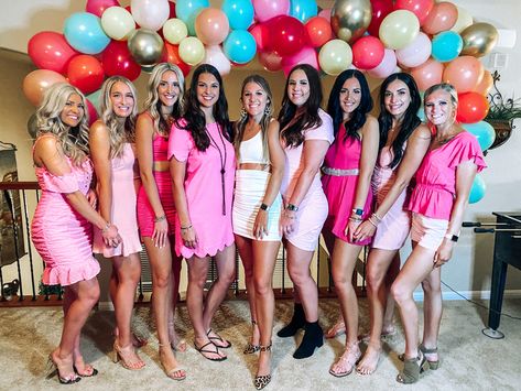 Pink bacheloretty party outfits for bridesmaids. Bachelorette Pink Theme Outfits, Bride In White Bridesmaids In Pink Bachelorette, Coordinating Bachelorette Outfits, Pink And Orange Bachelorette Party Outfit, Bacherlotte Party Outfit, Hens Party Outfits, Bachelorette Party Color Scheme Outfits, Pink Hen Do Outfit, Pink Hens Party Outfits