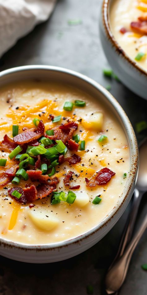 Loaded Bacon Potato Soup [50 Minutes] - Chasety Loaded Potato Corn Chowder, Loaded Potatoes Soup, Dishes With Potatoes Dinners, Quick Dinner Ideas Potatoes, Bread Bowl Soup Ideas, Bacon And Potato Recipes, Freezer Loaded Potato Soup, Stove Top Loaded Potato Soup, Soups With Bacon