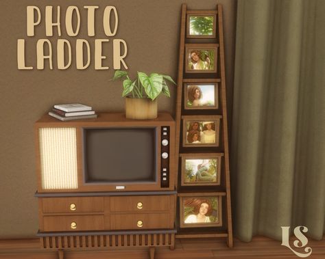 ꕤ Photo Ladder Sims 4 Cc Aesthetic Decor, Sims 4 Mm Furniture, Photo Ladder, Hippie Furniture, Sims 4 Patreon, Maxis Match Cc, Sims 4 Clutter, Rustic Ladder, Tumblr Sims 4