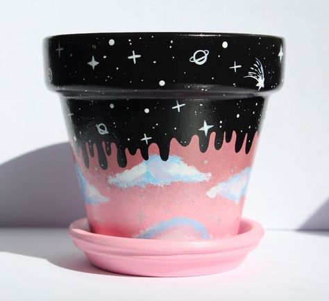 Pot Painting Ideas, Galaxy Sky, Plant Pot Design, Diy Pottery Painting, Flower Pot Art, Pot Painting, Our Galaxy, Painted Pots Diy, Painted Plant Pots