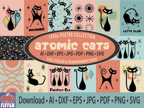 "This Mid Century Modern, Atomic Cats Designer Poster Collection Can be used to make posters, t-shirts, tumblers, shower curtains, notecards or just about anything. Your products or projects will have that 1950s  retro look for a time travel. Complete with fully editable files, seven different file formats. ☞ This a digital download. You WILL NOT receive any physical products in the mail. ☜ * 27 - 24\" X 36\"  (1728 x 2592px) Atomic Kitty Posters digital files * .PDF file with download links to Atomic Decor, Atomic Cat, Designer Poster, Mid Century Cat, Cat Printable, Cat Lounge, Mid Century Wall Art, Cat Svg, Cat Clipart