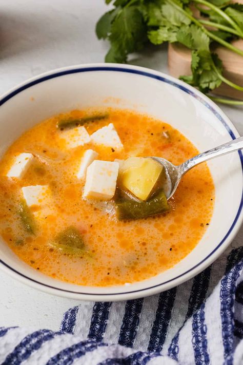 Potato Soup Mexican Style, Mexican Potato And Cheese Soup, Mexican Cheese Soup Recipe, Potato Poblano Soup, Mexican Cheese Soup, Mexican Potato Soup, Mexican Caldo, Green Chile Soup, Latino Dishes