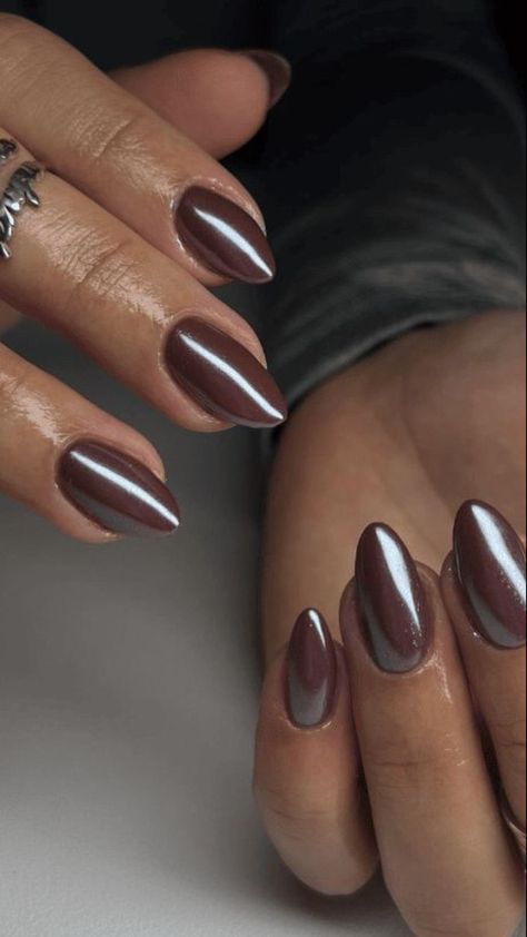 Love these nails for fall… Fall nails, hard nails, fall aesthetic, fall nail designs, fall nail ideas, fall nail colors, fall nails 2024, fall nails square, fall nails short, fall nails inspiration, fall aesthetic, date night beauty. Nails And Rings, Chrome Nail Colors, Purple Chrome Nails, Red Chrome Nails, Nails For Fall, Pink Chrome Nails, Brown Nail, Milky Nails, Chrome Nails Designs