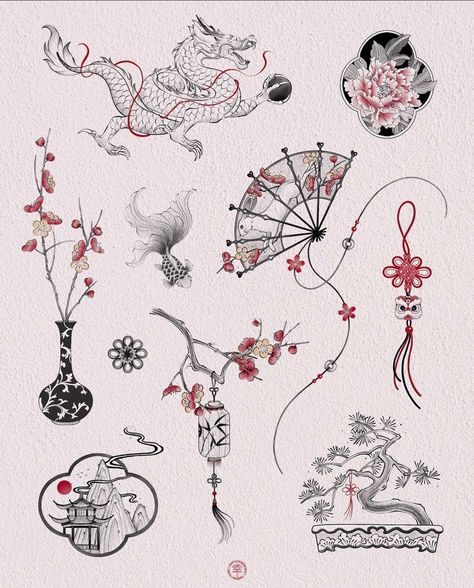 Year Of The Bunny Tattoo, Pisces Flash Tattoo, Year Of The Cat Tattoo, Koi Fish Fan Tattoo, Japanese Filler Tattoo Ideas, Japanese Tattoo Fine Line, Chinese Lanterns Tattoo, Japanese Knot Tattoo, Chinese Design Tattoo