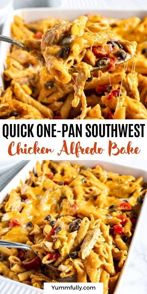 Classic chicken Afredo penne meets zesty Southwestern flavors in this One-Pan Southwestern Alfredo Bake. Creamy Alfredo sauce gets a spicy makeover with taco seasoning, corn, beans, and Monterey Jack cheese for a cheesy Tex-Mex feast! Southwest Chicken Alfredo, Couscous Dishes, Alfredo Bake, Creamy Alfredo Sauce, Chicken Alfredo Bake, Pork Chop Recipes Baked, Bean Pasta, Southwest Chicken, Alfredo Sauce Recipe