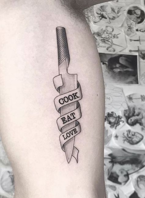 Chef Tattoo Ideas For Women, Chef Related Tattoos, Kitchen Knife Tattoo Design, Sweet And Spicy Tattoo, Culinary Tattoos Men, Cooking Tattoos For Men, Kitchen Tattoo Ideas Chef, Chef Tattoo Designs Men, Food Related Tattoos