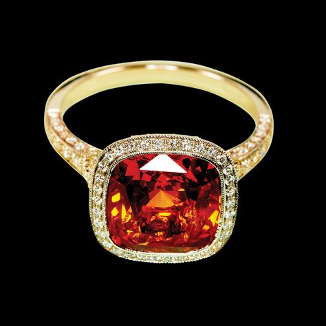 Tiffany & Co. 5.06-carat cushion-cut orange sapphire with diamonds set in platinum. Photo by Bobby Doherty Engagement Party Dresses, Cut Orange, The Bling Ring, Luxe Life, Orange Sapphire, Bling Rings, Cushion Cut, Tiffany & Co., Different Colors