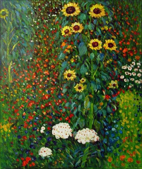 Gustav Klimt Garden with Sunflowers Repro Hand Painted Oil Painting Gustav Klimt Sunflower, Gustav Klimt Garden, Gustav Klimt Flowers Gardens, Gustav Klimt Flowers, Gustav Klimt Art Paintings, Klimt Garden, Garden With Sunflowers, Beautiful Oil Paintings, Gustav Klimt