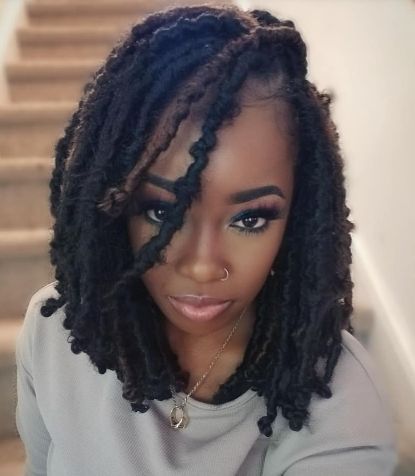 Shoulder-Length Bob Soft And Distressed Faux Locs Faux Locs Bob Shoulder Length, Faux Locs Bob Style, Short Faux Locs Shoulder Length, Shoulder Length Faux Locs, Soft Locs Bob, Layered Locs, Bob Faux Locs, Shoulder Length Locs, Braids 2024