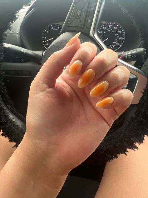 Orange And Yellow Almond Nails, Aura Nails Yellow Orange, Nail Inspo Almond Orange, Yellow And Orange Aura Nails, August Nails Ideas Almond, Aura Nails Orange, Yellow Halloween Nails, Almond Aura Nails, Yellow Aura Nails