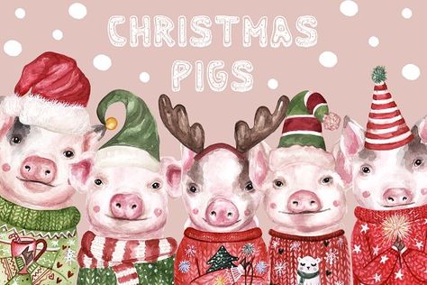 New Year Watercolor, Christmas Pigs, Xmas Illustration, Watercolor Dogs, Funny Pigs, Watercolor Mixing, Stationery Products, Christmas Kitchen Towels, Cloth Napkin