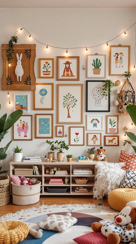 Boho Playroom Ideas Boho Family Picture Wall, Playroom Inspiration Colorful, Vintage Playroom Ideas, Child Friendly Living Room, Boho Playroom Ideas, Eclectic Playroom, Kids Artwork Wall, Wall Wooden Decor, Boho Treehouse