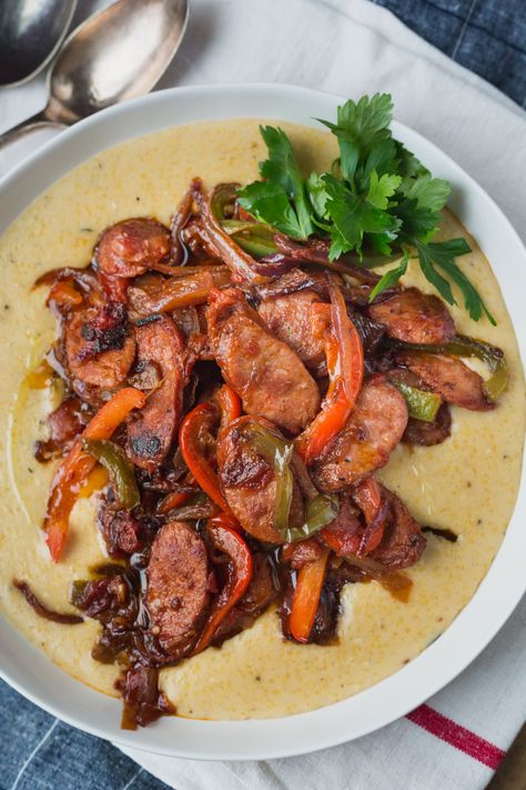 Tuttorosso: Spicy Sausage, Peppers, and Tomatoes Over Creamy Parmesan Polenta — Rustic. Joyful. Food. Sausage And Peppers Polenta, Parmesan Polenta, Best Tasting Tomatoes, Sausage Peppers, Polenta Recipes, Creamy Polenta, Creamy Parmesan, Sausage And Peppers, Spicy Sausage