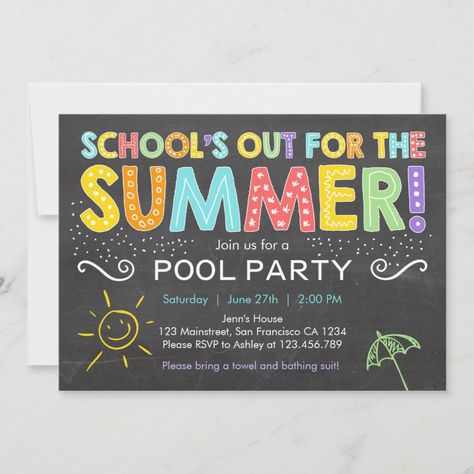 Summer Party Pool Party Schools Out Invitation  Zazzle End Of Summer Party, Pool Birthday Invitations, Summer Invitation, End Of Year Party, Pool Party Birthday Invitations, Summer Party Invitations, Chalkboard Invitation, Pool Birthday, Pool Party Invitations