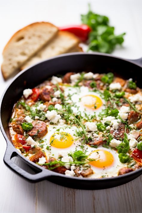 Authentic Turkish Menemen with Sucuk and Feta: A Robust & Tangy Mediterranean Delight Sucuk Recipe, Turkish Menemen, Tomatoes And Eggs, Turkish Eggs, Turkish Breakfast, Turkish Food, Spicy Sausage, Lou Lou, Mediterranean Diet Recipes