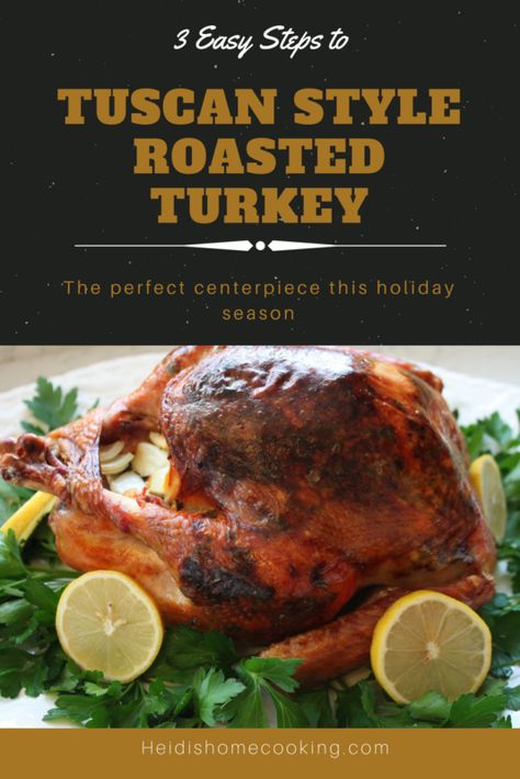 This is an easy recipe for how to make the perfect Tuscan Style Roasted Turkey. The fresh herb seasoning and butter spread pack this turkey full of flavor and keep it moist. It's best served at Thanksgiving dinner or Christmas time as a stunning centerpiece. It also makes great leftovers perfect for soups, sandwiches, or broths. Italian Thanksgiving Recipes, Thanksgiving Dinner For Two, Italian Thanksgiving, Easy Entrees, Whole Turkey Recipes, Roast Turkey Recipes, Best Thanksgiving Recipes, Turkey Breast Recipe, Thanksgiving Dinner Recipes