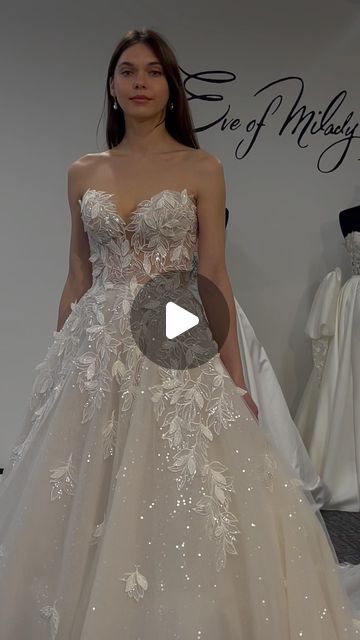 Bridal Reflections on Instagram: "Our brides have been loving @eveofmilady style 4418’s unique lace! 🤍  This stunning A-line ball gown features hand-beaded crystal leaves on the bodice and matching all -over leaf pattern on the skirt to create a stunning effect. enhanced by the sequin underlay. High-quality materials ensure the dress looks and feels amazing. With a chapel train providing the finishing touch of grace and sophistication.  #EveOfMilady is joining us for one more weekend with their newest collection available only for a limited time! NOW - the 11th. Call the salon directly to make an appointment ✨  #BridalReflections #eveofmiladytrunkshow #trunkshow #bridaltrunkshow #trunkshownyc #nycbride #newyorkbride #manhattanbride #luxurybride #couturebride #luxuryweddingdress #couturewe Bridal Reflections, New York Bride, Eve Of Milady, Luxury Brides, Dress Looks, Make An Appointment, Luxury Wedding Dress, Chapel Train, The Salon