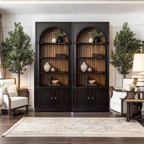 Lineyinmer American arched black bookcase | Wayfair Arched Cabinets Beside Fireplace, Large Cabinet Living Room, Black Bookcase Living Room, Arched Bookcase Built In, Black Built Ins Living Room, Empty Living Room Corner, Dark Loft, Bookshelves Aesthetic, Arched Bookcase