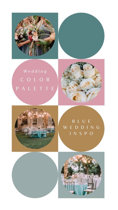 Colour palette of blue and gold with wedding photos in circles Teal Pink And Gold Wedding, Teal And Pink Wedding Decorations, Teal Blush Wedding, Teal And Rose Gold Wedding, Pink Teal Wedding, Teal And Pink Wedding, Teal Colour Palette, Colour Palette Ideas, Church Bathroom