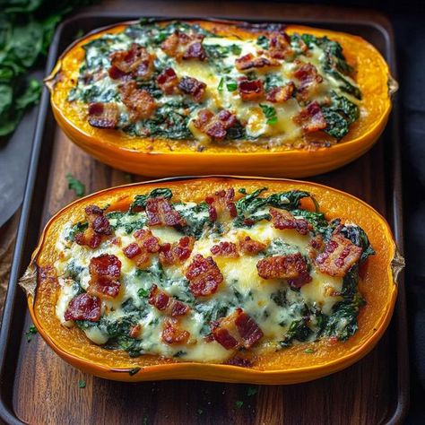 Butternut Squash With Spinach, Stuffed Butternut Squash, Stuffed Butternut, Recipes Around The World, Bacon And Cheese, Butternut Squash Recipes, Fall Cooking, Sauteed Spinach, Roasted Squash