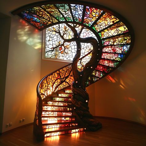 Stained Glass Tree, Beautiful Stairs, Magical Home, Glass Tree, Wooden Staircases, Stained Glass Designs, Staircase Design, Elevate Your Home, Stairs Design