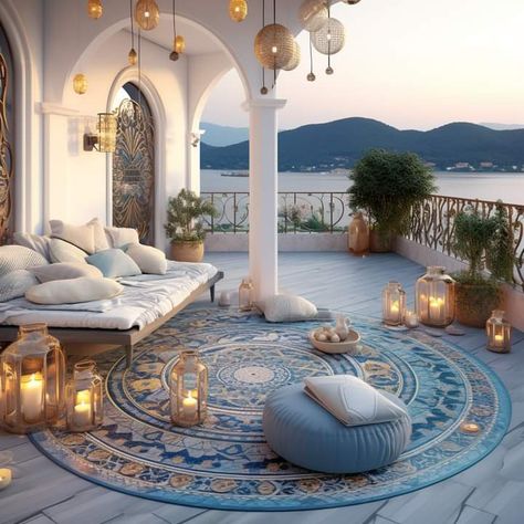 Greek Luxury Villas, Moroccan House Exterior, Mediterran Interior, Greece Room, Moroccan House, Moderne Have, Bedroom Aesthetics, Dream House Rooms, Balcony Design