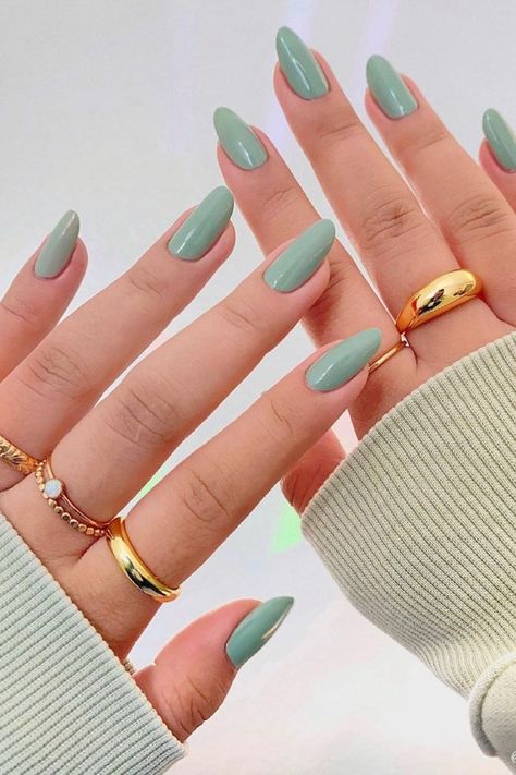 Nails Green Inspiration, Dusty Sage Green Nails, Sage Blue Nails, Solid Acrylic Nails Colors, Almond Nails Dip Powder, Sage Color Nails, Light Sage Green Nails, Sage Green Nails Almond, Sage Green Nails Acrylic