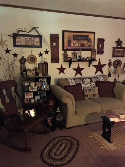 Decor Primitive Living Room Ideas, Primitive Home Decorating, Primitive Living Room, Primitive Living, Stairs In Living Room, Room Inspired, Mobile Home Decorating, Country Sampler, Country Decorating