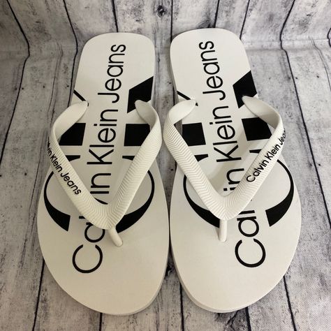 New! Calvin Klein Mens Flip Flops- White And Black Monogram Beach - Pool - Casual Sandals! Mens Beach Shoes, Logo Flip Flops, Summer Flip Flops, Calvin Klein Shoes, Beach Shoes, Calvin Klein Black, Casual Sandals, Flip Flop Sandals, Flip Flops