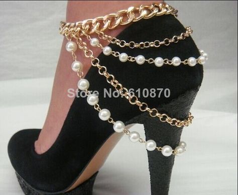 NEW Women's Ankle Chain Bracelet Multi Pearl Chains High Heel Shoe Anklet Body Jewelry Chunky CHAIN Accessory US $5.99 Shoe Accessories Jewelry, Shoes With Chains, Heels With Chains, Pearl Body Jewelry, Shoe Chains, Ankle Accessories, Shoe Chain, Pearl Chains, Shoe Makeover