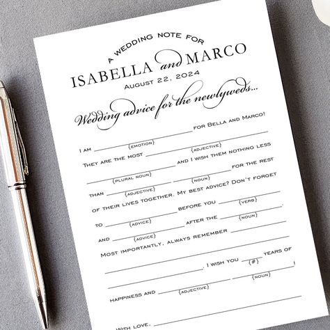 Mad Lib Wedding, Rehearsal Dinner Game, Rehearsal Dinner Activities, Rehearsal Dinner Games, Wedding Mad Libs, Wedding Note, Funny Anecdotes, Dinner Games, Game Wedding