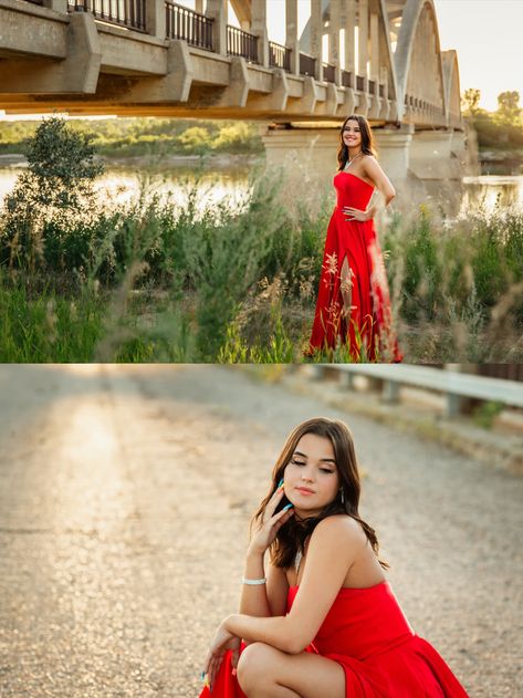 Prom Dress Poses Picture Ideas, Prom Poses By Yourself, Grad Dress Photoshoot Ideas, Creative Prom Pictures, Solo Prom Pictures, Prom Poses Single, Solo Prom Poses, 30th Photoshoot, Abandoned Bridge