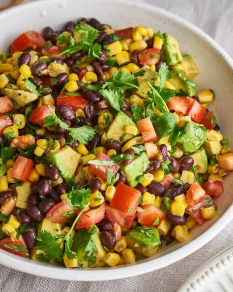 Black Bean Salad with Corn & Avocado | The Kitchn Easy Salads To Make, Black Beans Corn, Make Ahead Salads, Black Bean Salad, Lunch Salads, Easy Salad Recipes, Chopped Salad, Corn Salads, Bean Salad