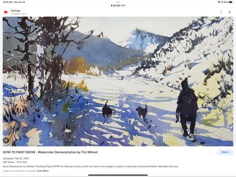 Paint Snow, Watercolor Snow, Watercolour Landscapes, Snow Painting, Dogs Paw, Watercolor Workshop, Watercolor Video, Painting Snow, Winter Watercolor